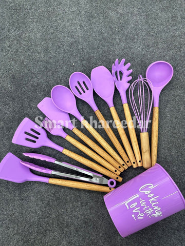 12 pcs Silicone Cooking Spoon Set with stand - Smart Khareedar