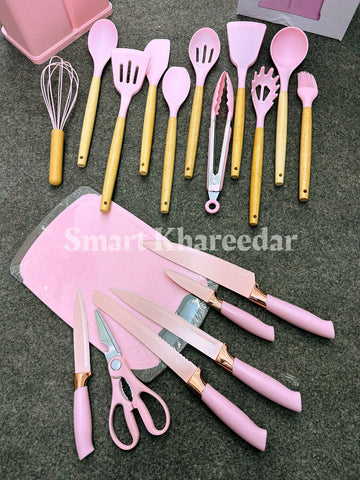 19 pcs Kitchen utensils set with Knives and Cutting board, stand and holders | All in one kitchenware set - Smart Khareedar