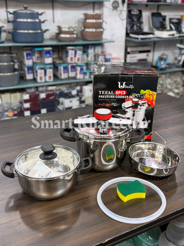 TEFAL 8pc Automatic Stainless Steel Pressure Cooker + Cooking Pot + Steamer 4L+7L