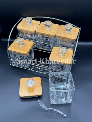 Taiwan Made – 6pc Acrylic Spice Jar Set with Bamboo Lid (Square Shape)