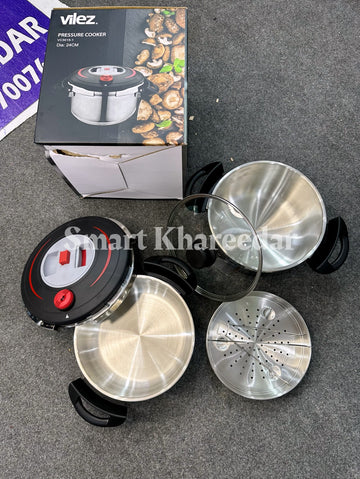 Vilez 2pc Stainless Steel Pressure Cooker Set with Glass Lid and Steamer