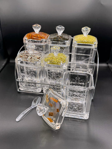 Taiwan Made – 6pc Acrylic Spice Jar Set with Stainless Steel Stand (Square Shape)