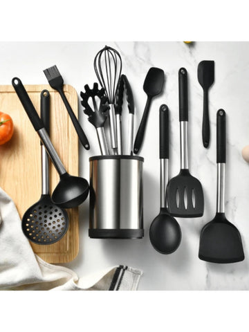 12-Piece Rotating Kitchen Utensil Set – Heat-Resistant Silicone & Stainless Steel Cooking Tools with Holder