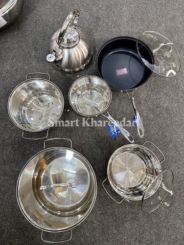 MGFR® 12-Piece Premium Stainless Steel Cookware Set | Glass Lids & 2.5L Whistle Kettle