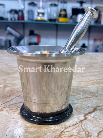 Stainless Steel Spice Grinder, Langri for Grinding Chillies Mixing & Mincing Lungri Kitchen, Mortar and Pestle Set (Dasta Height 22cm) (Hawan Height 12cm) Hawan Dasta For Home Kitchen Supplies Grinding Tool - Chattu Watta