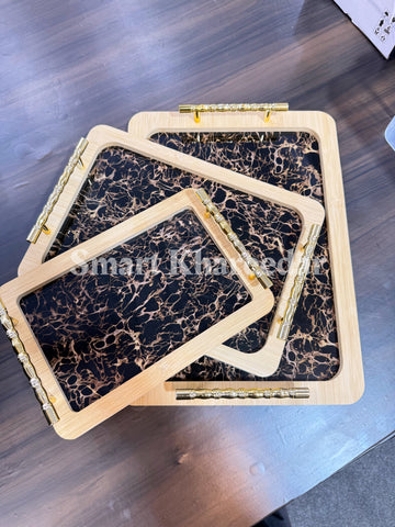 3pc Bamboo Wooden Flat Tray set with Golden Handles