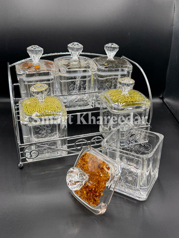 Taiwan Made – 6pc Acrylic Spice Jar Set with Stainless Steel Stand (Square Shape)
