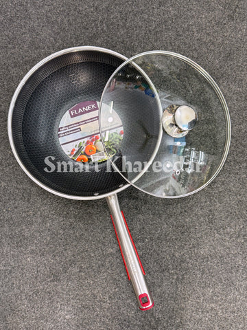 Flanek LaserCut HoneyComb Karahi with Lid and Long Handle - Shallow Pan