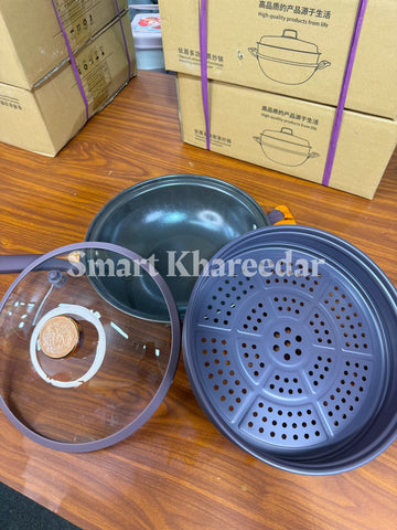 32cm Flat Bottom Non-Stick Stir Fry Pan | Multi-Purpose Fryer & Steamer | Household Kitchen Cookware