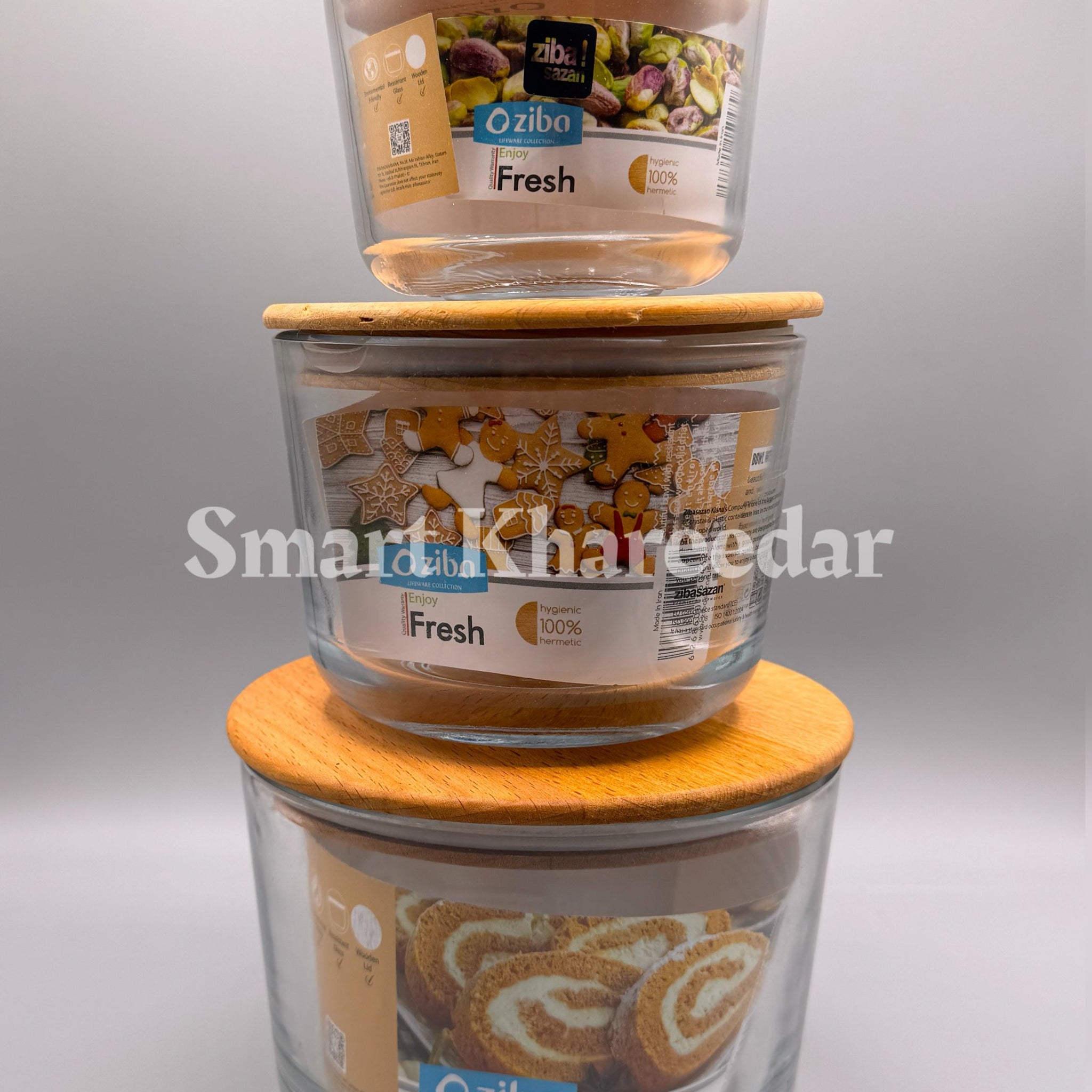 3pc All size Ziba Glass Bowl with Wooden Bamboo Lid (Rollet Set)
