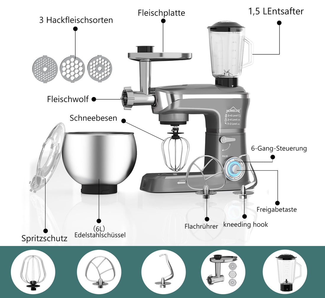 HOMELUX Universal Food Processor 3-in-1 Set, 1000 W Mixer, Multifunctional Mixer with 6 Speeds, 1.5 L Juicer, 5 L Stainless Steel Bowl