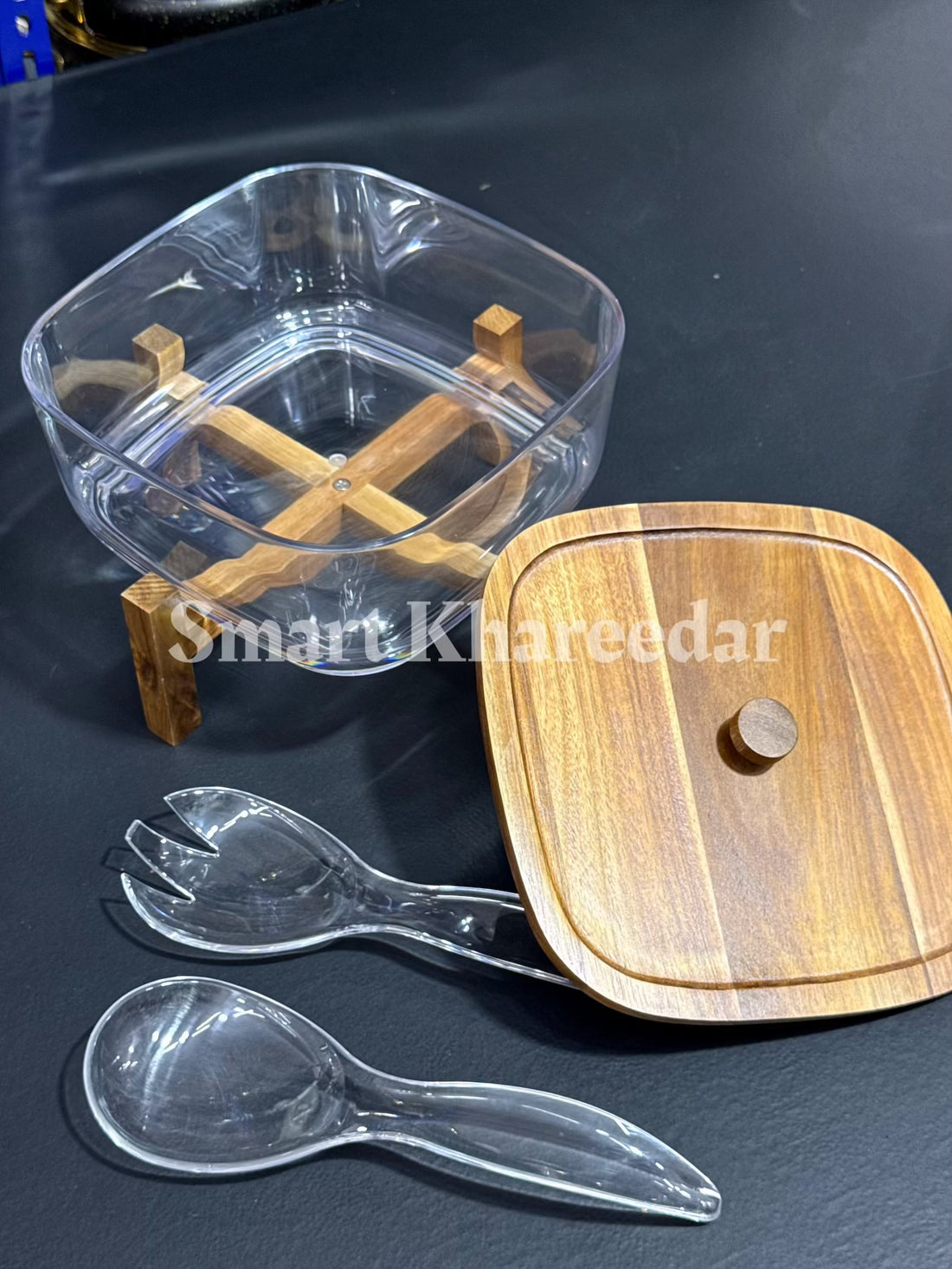 Acrylic Serving Bowl with Bamboo Wooden Stand and 2 Acrylic Serving Spoons