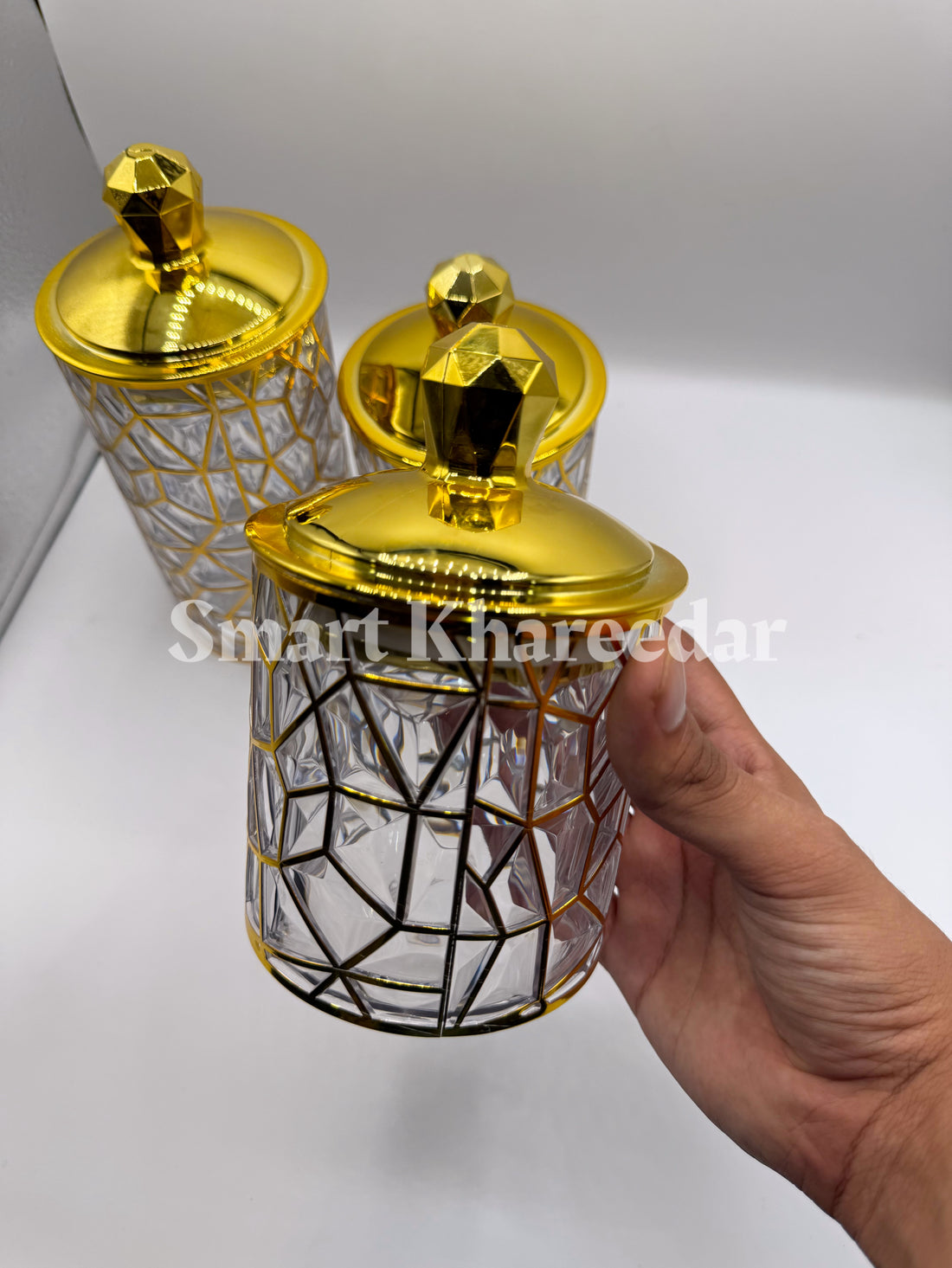 Golden Diamond Cut Storage Jar Set – 3 Pcs Elegant Kitchen & Table Organizer