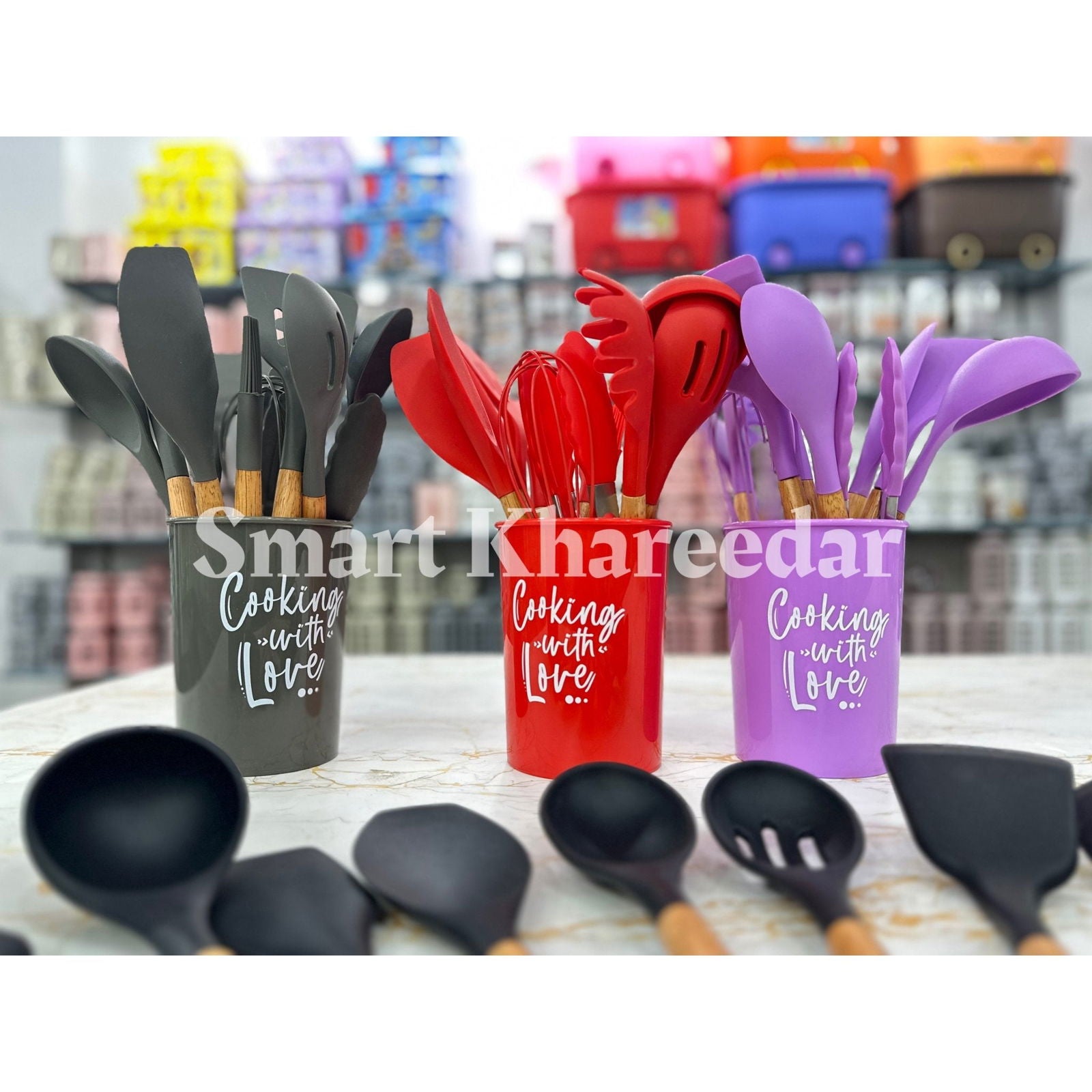 12 pcs Silicone Cooking Spoon Set with stand - Smart Khareedar