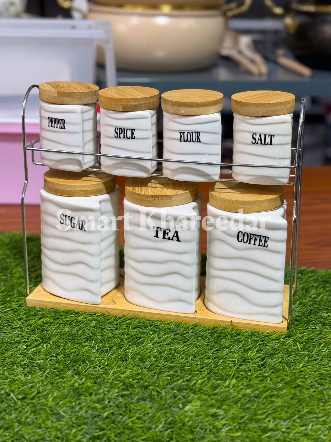 Set of 7 Ceramic Canister Storage Containers with Stand | Elegant & Durable Storage Solution