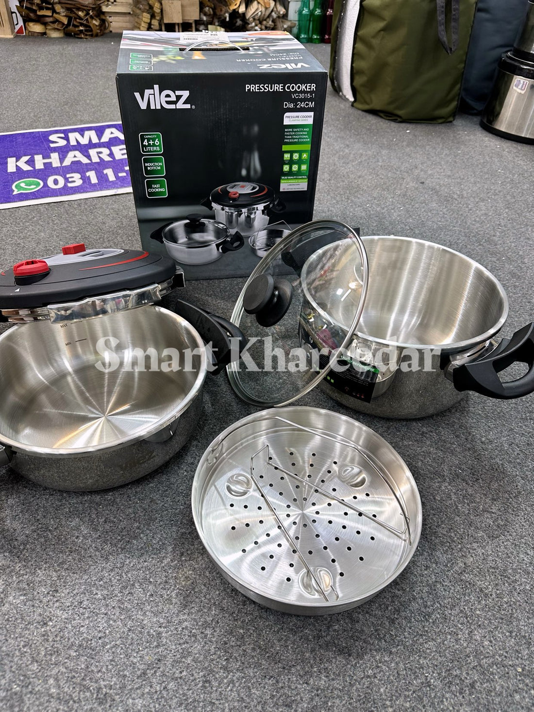 Vilez 2pc Stainless Steel Pressure Cooker Set with Glass Lid and Steamer