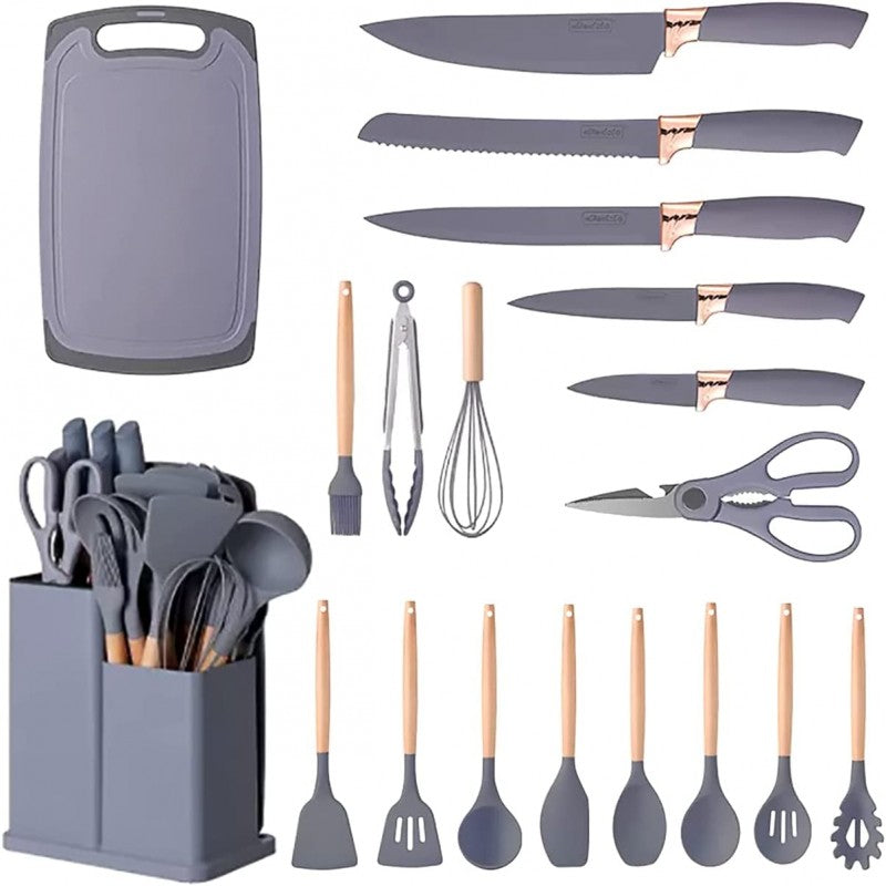 19 pcs Kitchen utensils set with Knives and Cutting board, stand and holders | All in one kitchenware set