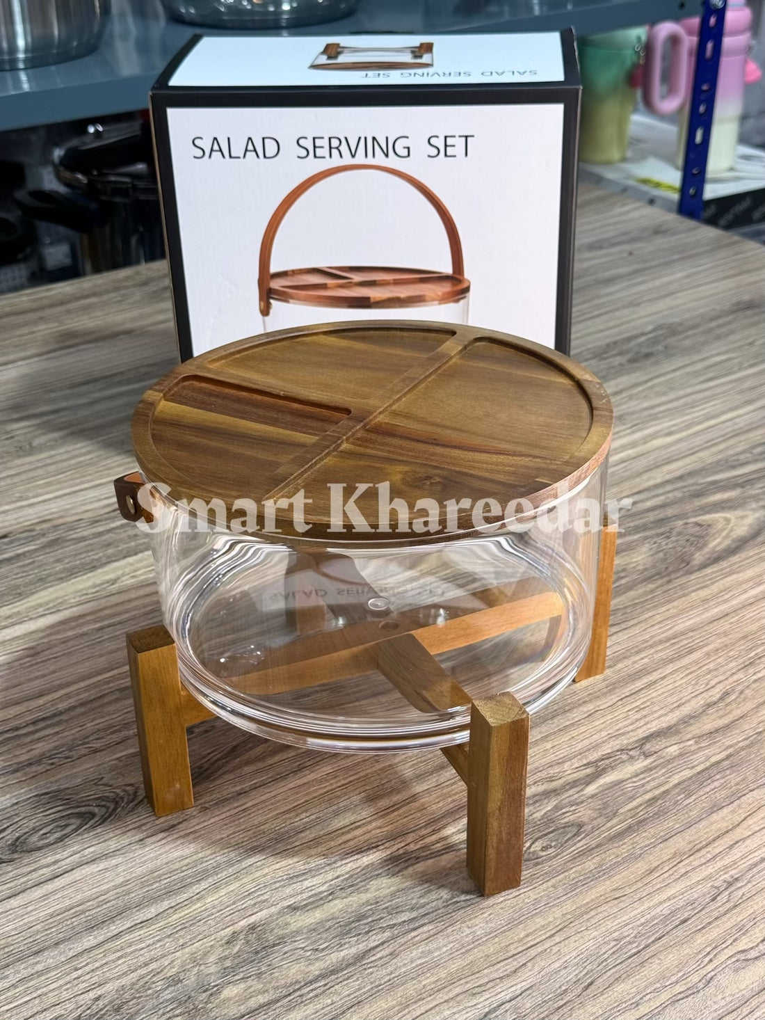 Round 5L Acrylic Salad Serving Bowl with Bamboo Wood Stand
