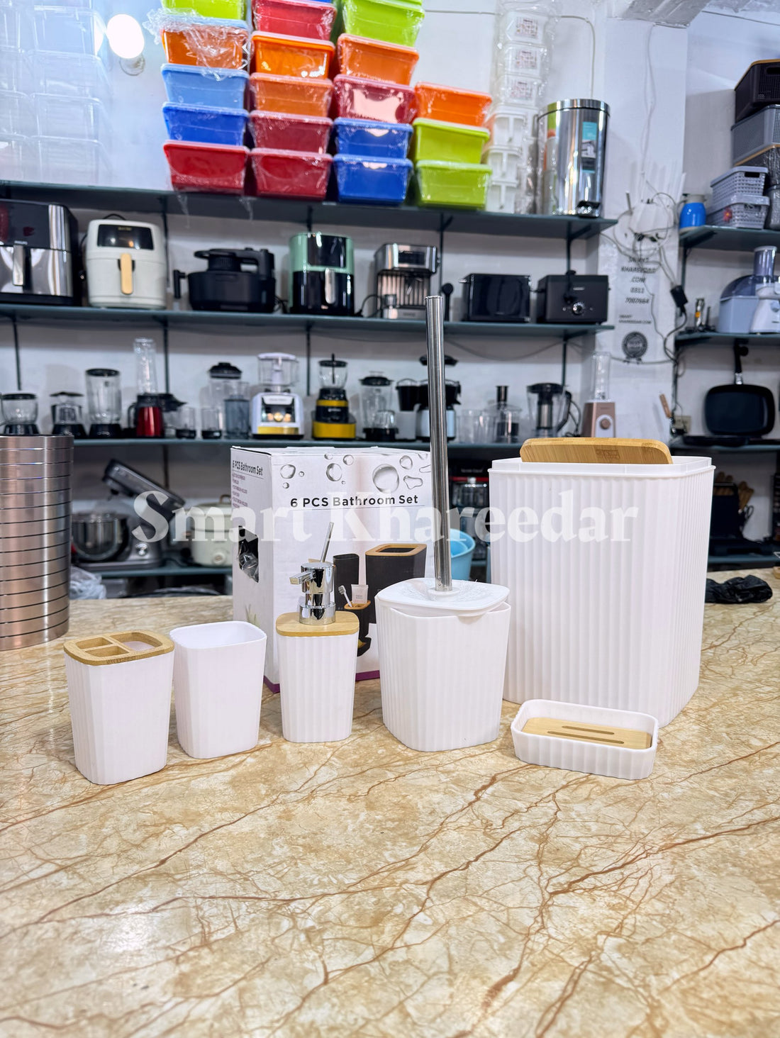 6pc White Washroom Set - Premium Plastic Lookalike Ceramic