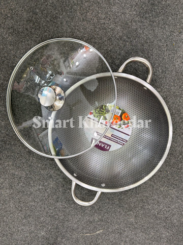 Flanek  Double Handle LaserCut Honeycomb Karahi with Lid - Shallow Pan