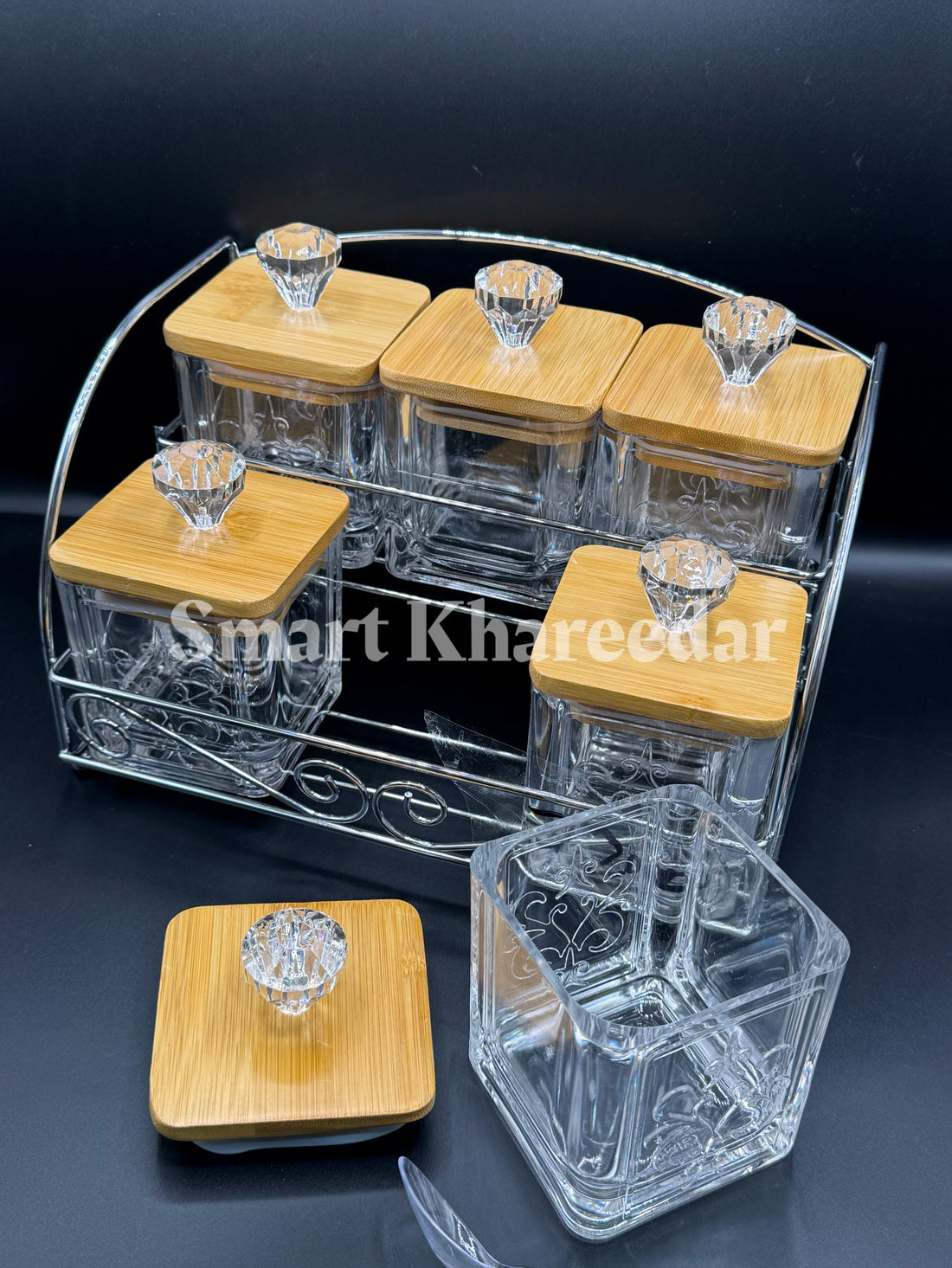 Taiwan Made – 6pc Acrylic Spice Jar Set with Bamboo Lid (Square Shape)
