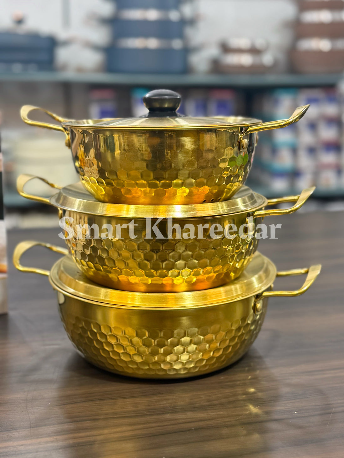 3pc Dotted Golden Electroplated Instant Noodle Soup Set - Karahi Bowls with Lid