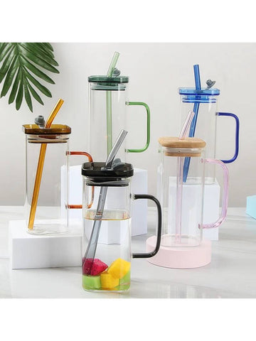 320ml Juice Glass with Glass Handle & Straw