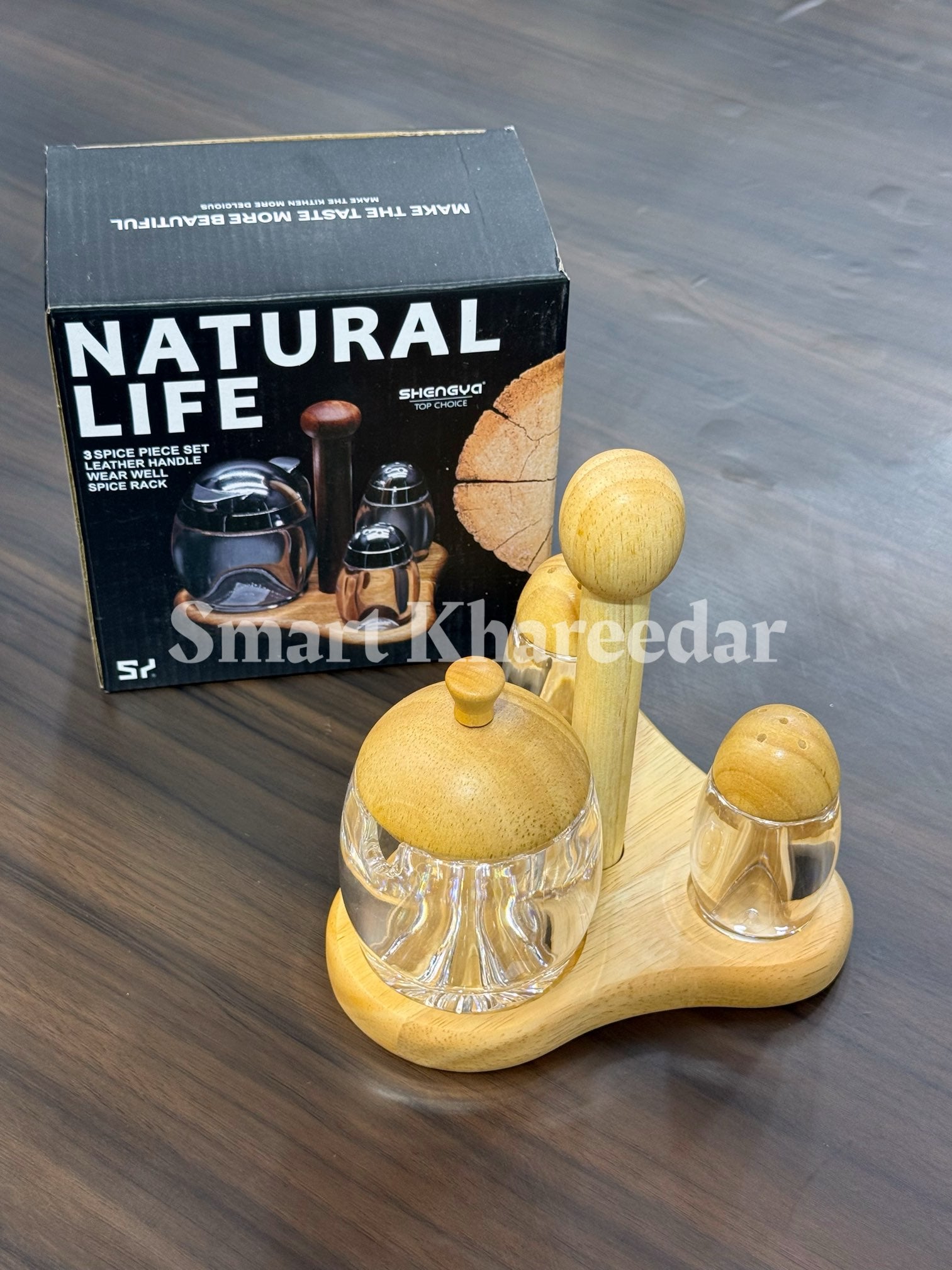 3pc Bamboo Wooden Cruet Set - 2 Salt & Pepper Shaker 1 Acrylic Sugar pot | Classic Table piece