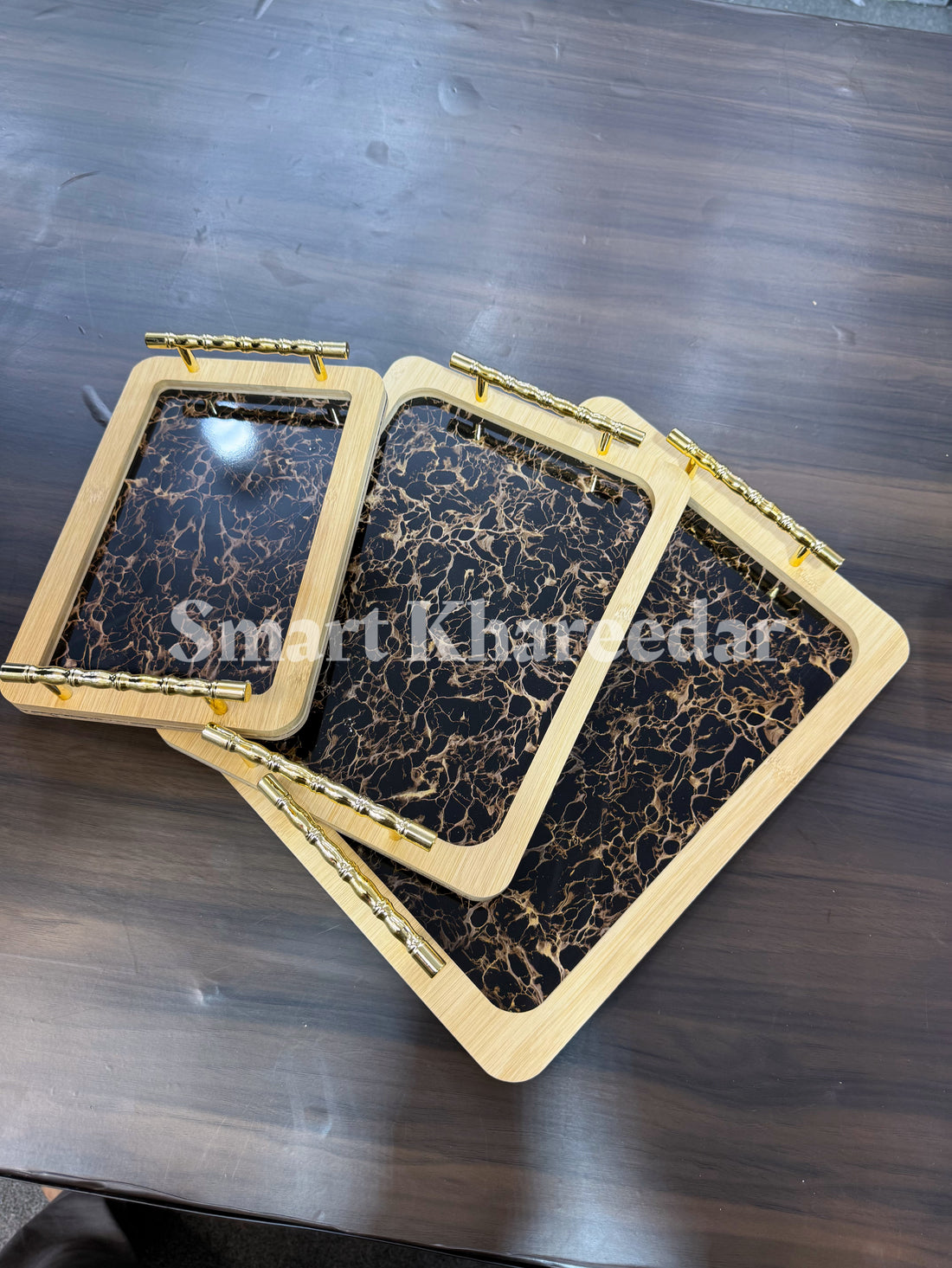 3pc Bamboo Wooden Flat Tray set with Golden Handles