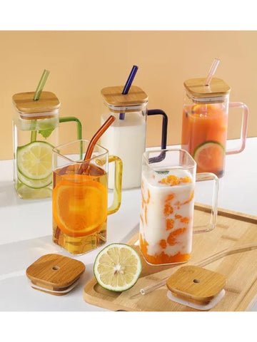 320ml Juice Glass with Glass Handle & Straw | Transparent Lid