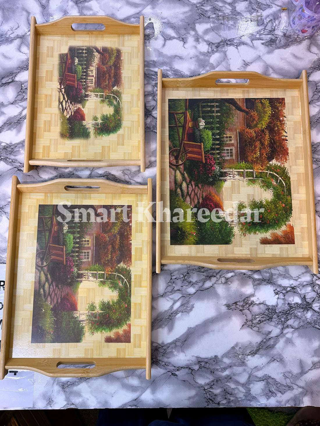 3 pc Bamboo WOODEN TRAY SET [with 3d Scenery print]