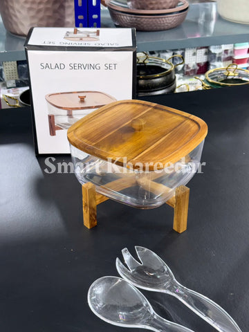 Acrylic Serving Bowl with Bamboo Wooden Stand and 2 Acrylic Serving Spoons