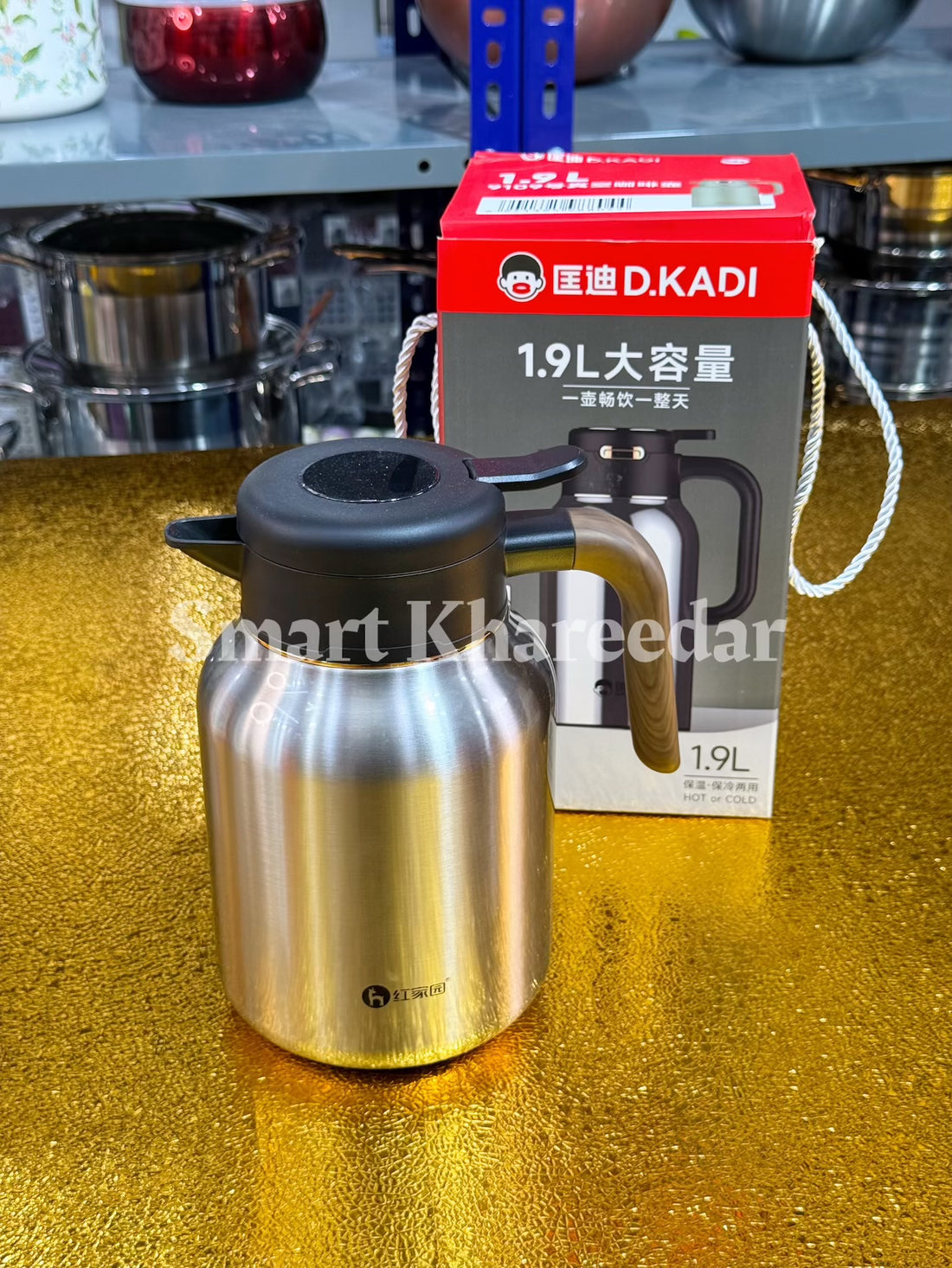 Silver 1.9L 24Hours Hot & Cool Thermos | Double Insulation Stainless Steel Flask (wooden handle)