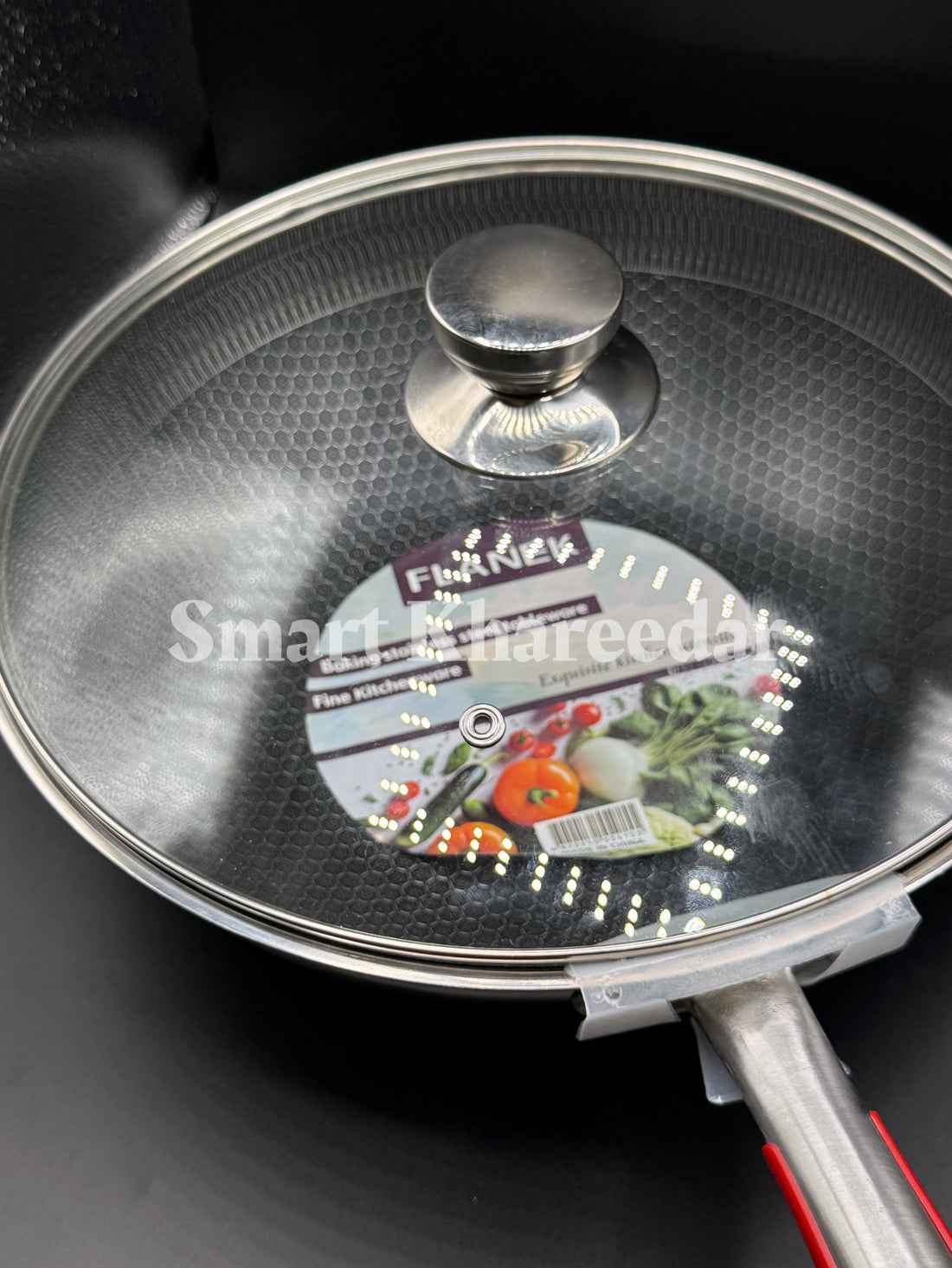 Flanek LaserCut HoneyComb Karahi with Lid and Long Handle - Shallow Pan