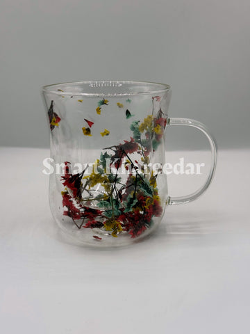Double Wall Dry Flower 320ml Glass Coffee Mug and Tea Cup | Model no 5