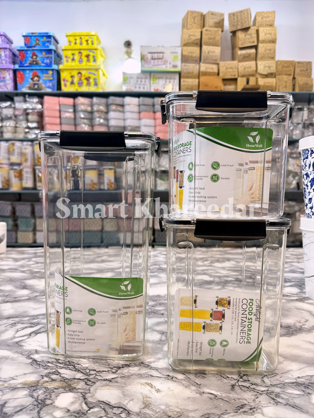 Airtight Jar Bundle – 5 Sizes
Organize your kitchen with this versatile set of 5 airtight jars, designed to keep your food fresh and neatly stored. The bundle includes:

	•	800ml jar – Perfect for storing spices and small snacks.
	•	1200ml jar – Great for grains and pasta.
	•	1600ml jar – Ideal for storing flour and larger snacks.
	•	2000ml jar – Suited for bulkier dry goods.
	•	2500ml jar – Best for large quantities of food items.

Each jar is equipped with a secure airtight seal to preserve freshness, and