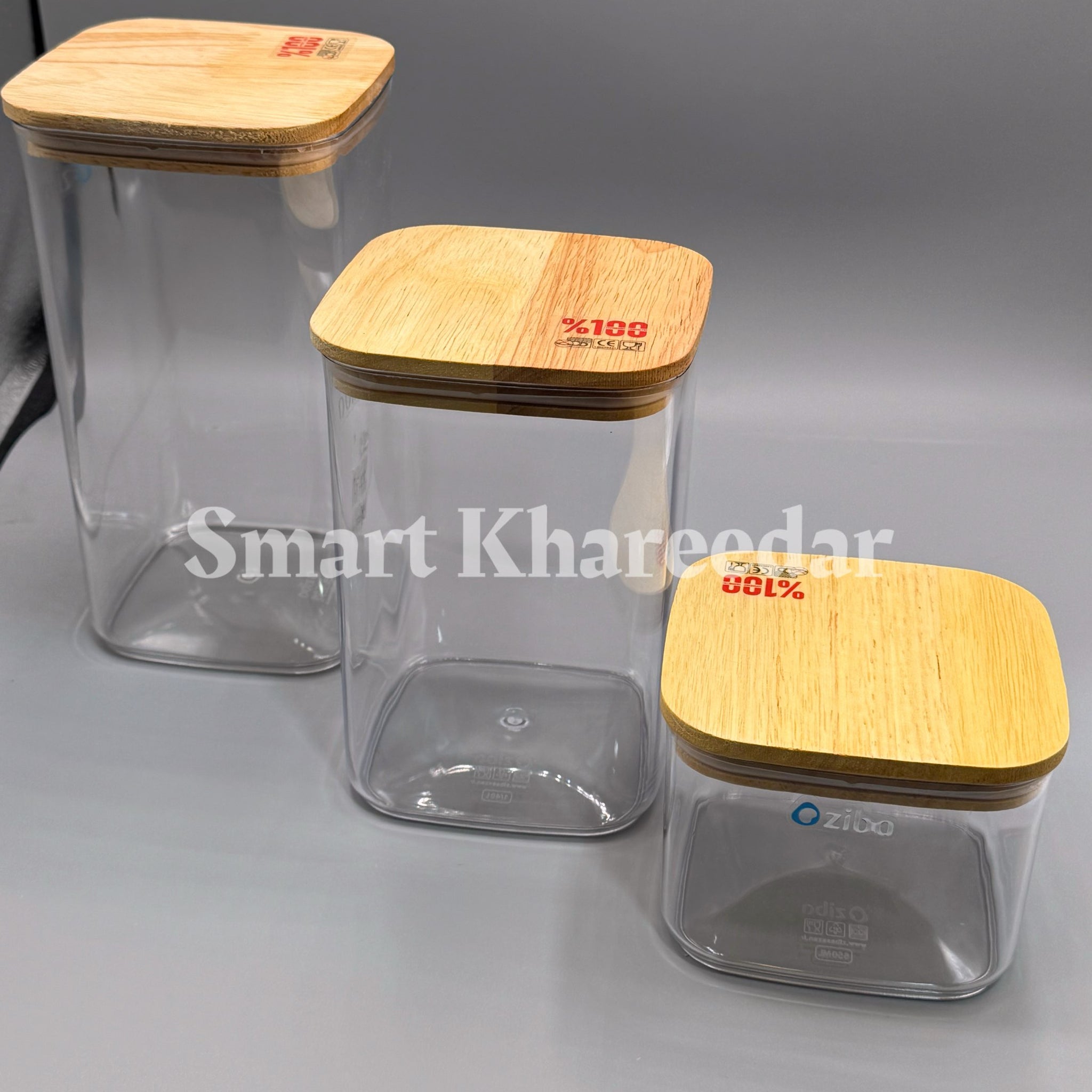 Pack of 3 Ziba  Acrylic Jar with Wooden Bamboo Lids