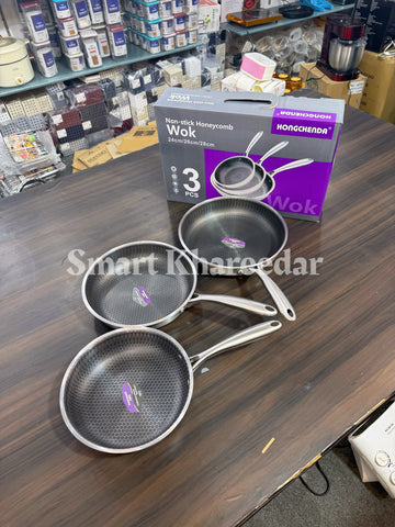 Pack of 3 Honeycomb LaserCut Frypan Set - Non Stick Wok set