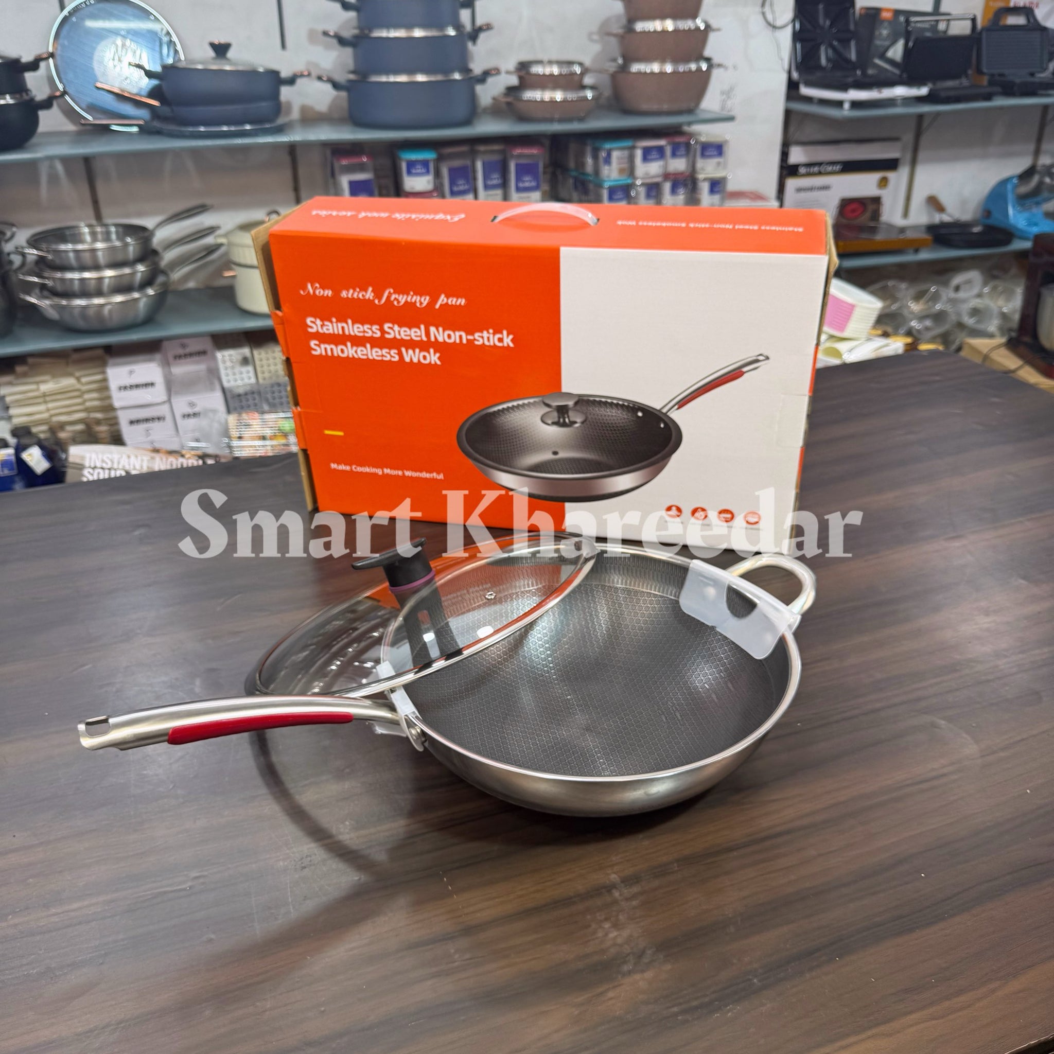 Long Handle Dual LaserCut Honeycomb Karahi with Lid - Shallow Pan