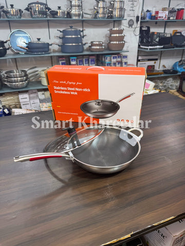 Long Handle Dual LaserCut Honeycomb Karahi with Lid - Shallow Pan