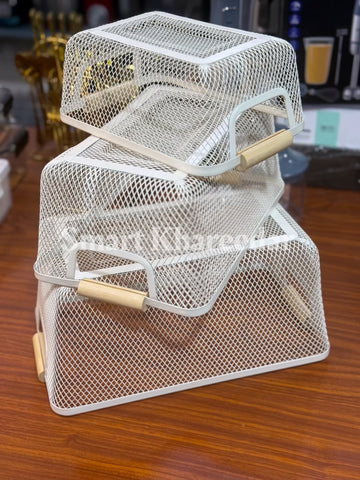 Rectangular Mesh Metal Storage Fruit Basket with Wood Handle