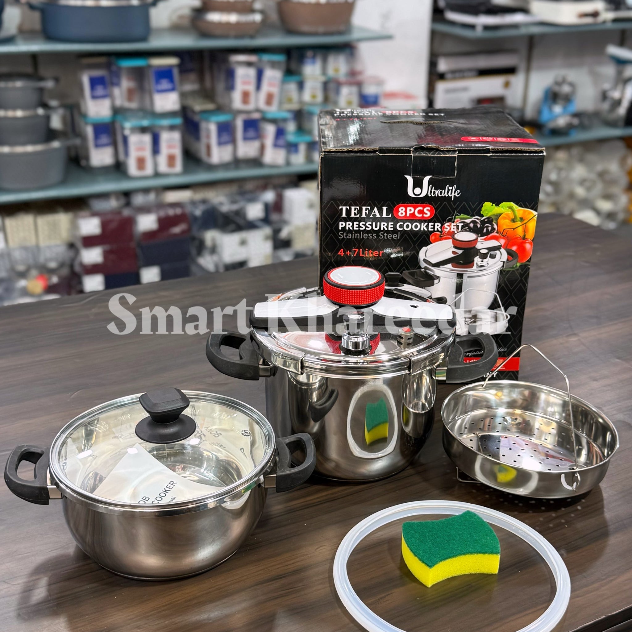 TEFAL 8pc Automatic Stainless Steel Pressure Cooker + Cooking Pot + Steamer 4L+7L