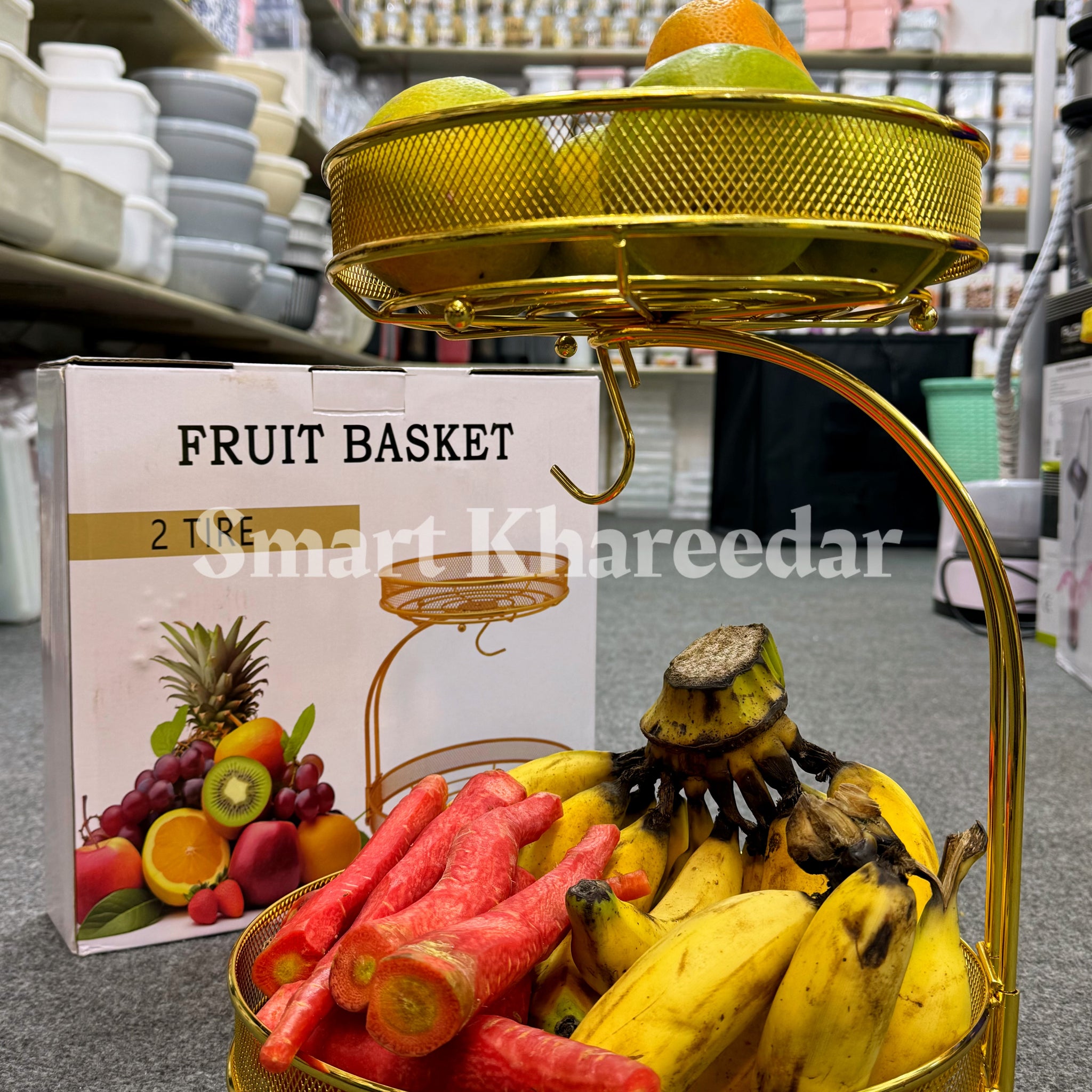 2 Tire Stainless Steel Golden Fruit Stand Rack | Decor Tabletop Platter