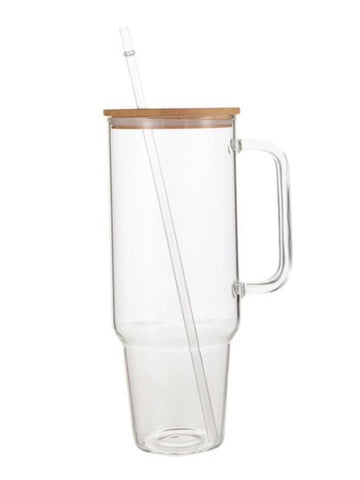 30oz Glass Tumbler with wooden lid and Glass Straw | 890ml