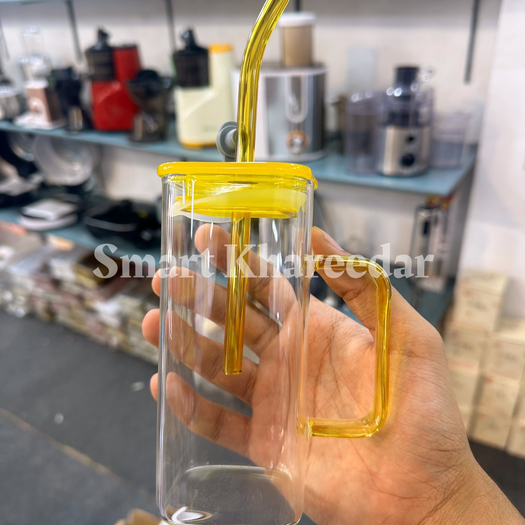 320ml Juice Glass with Glass Handle & Straw