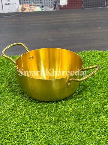 Premium Golden Brass Karahi with Dual Handles – Deep Golden Chaat Bowl