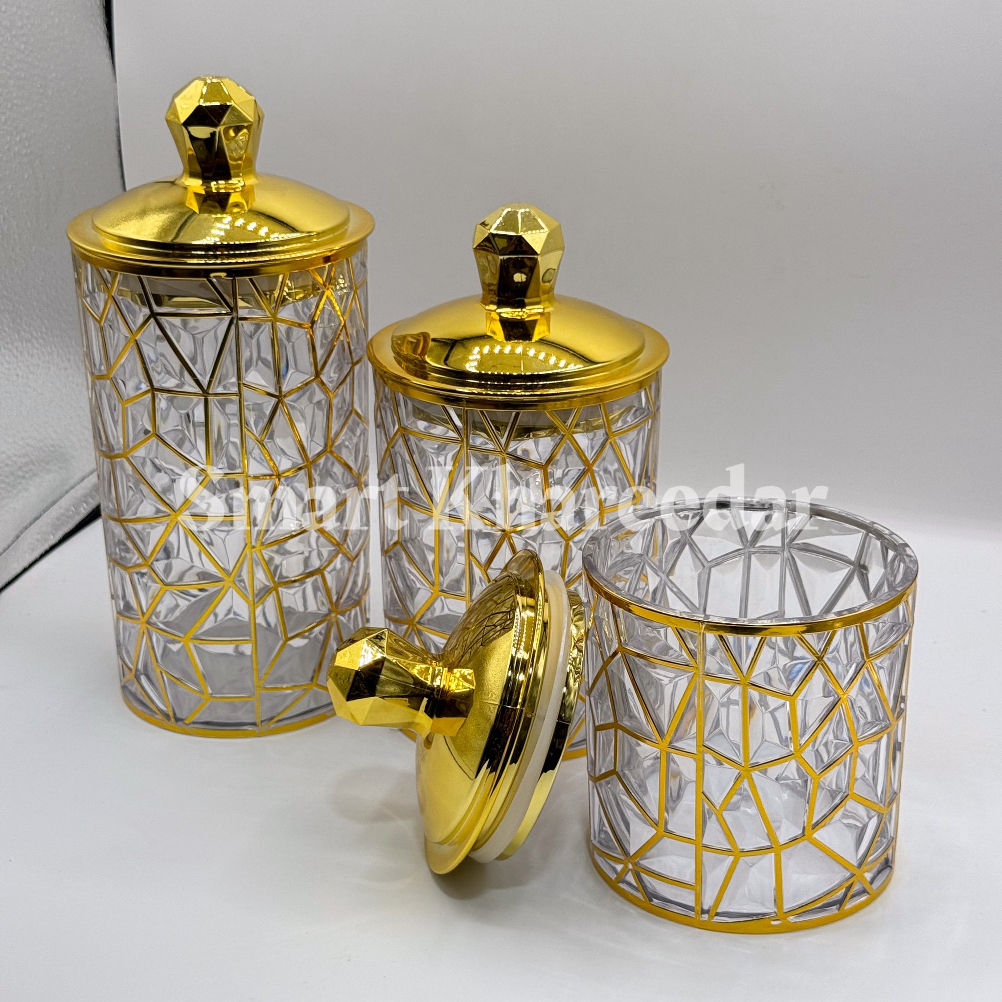 Golden Diamond Cut Storage Jar Set – 3 Pcs Elegant Kitchen & Table Organizer