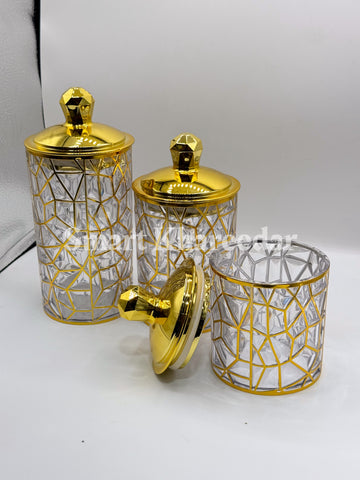 Golden Diamond Cut Storage Jar Set – 3 Pcs Elegant Kitchen & Table Organizer