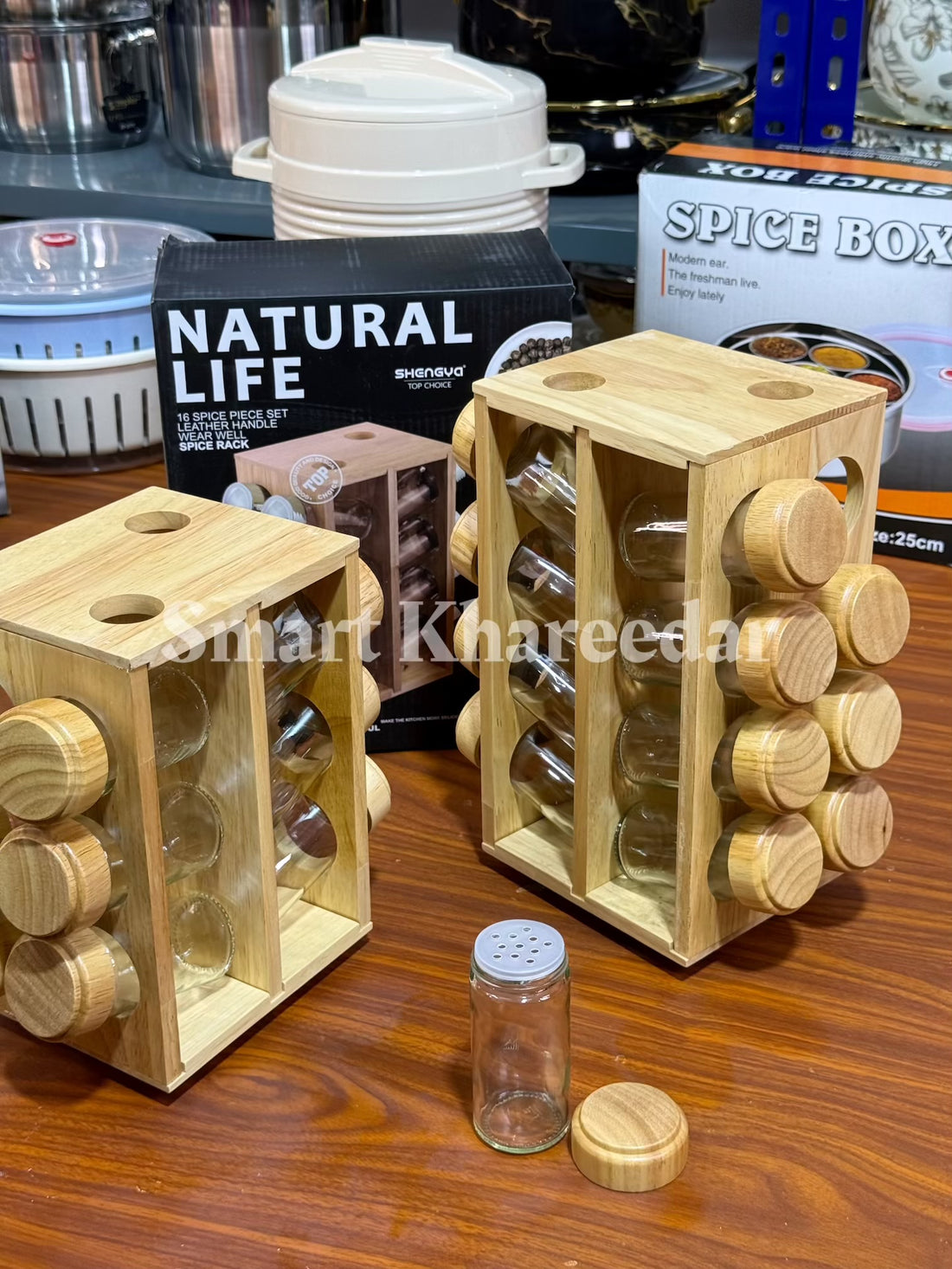 Bamboo Wooden Rotating Spice Rack with Glass Jars (Bamboo lid)