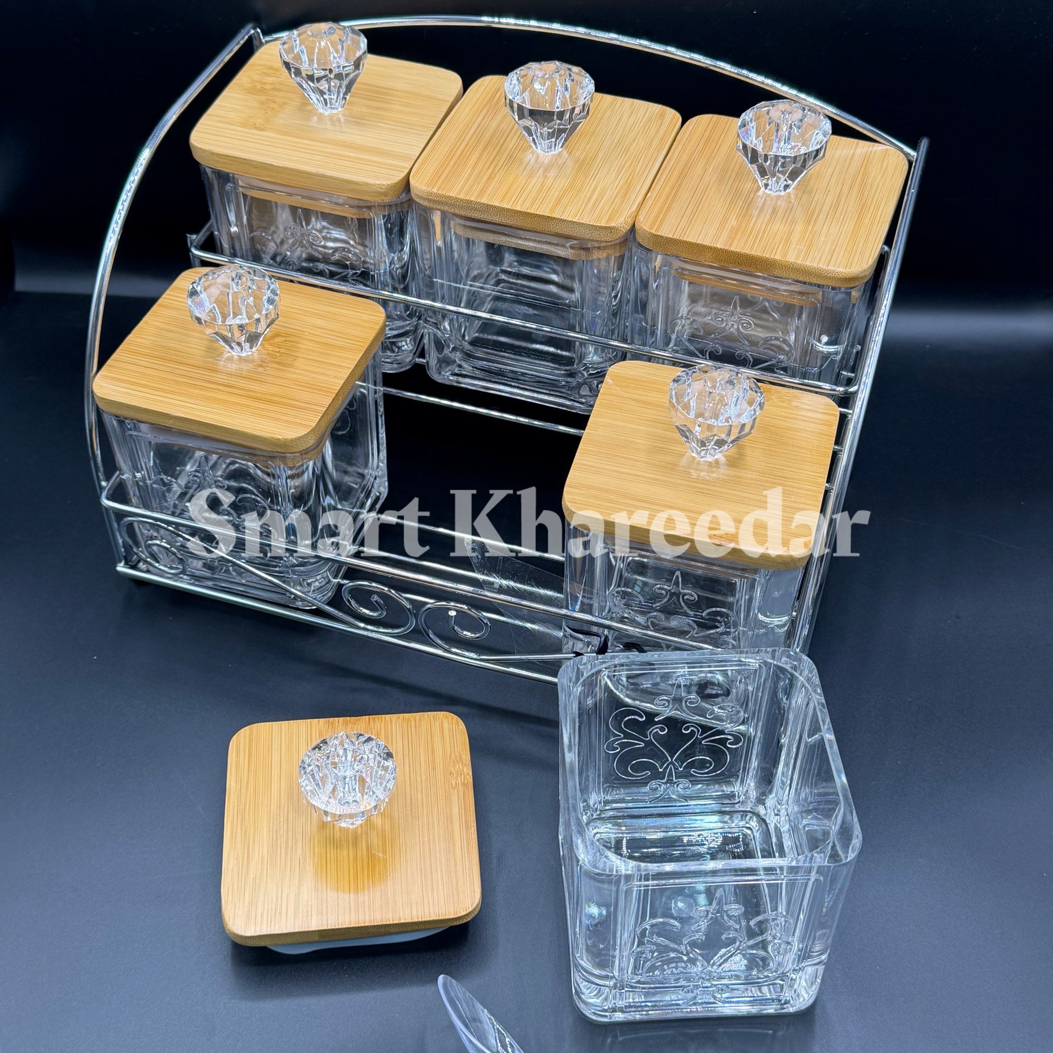 Taiwan Made – 6pc Acrylic Spice Jar Set with Bamboo Lid (Square Shape)
